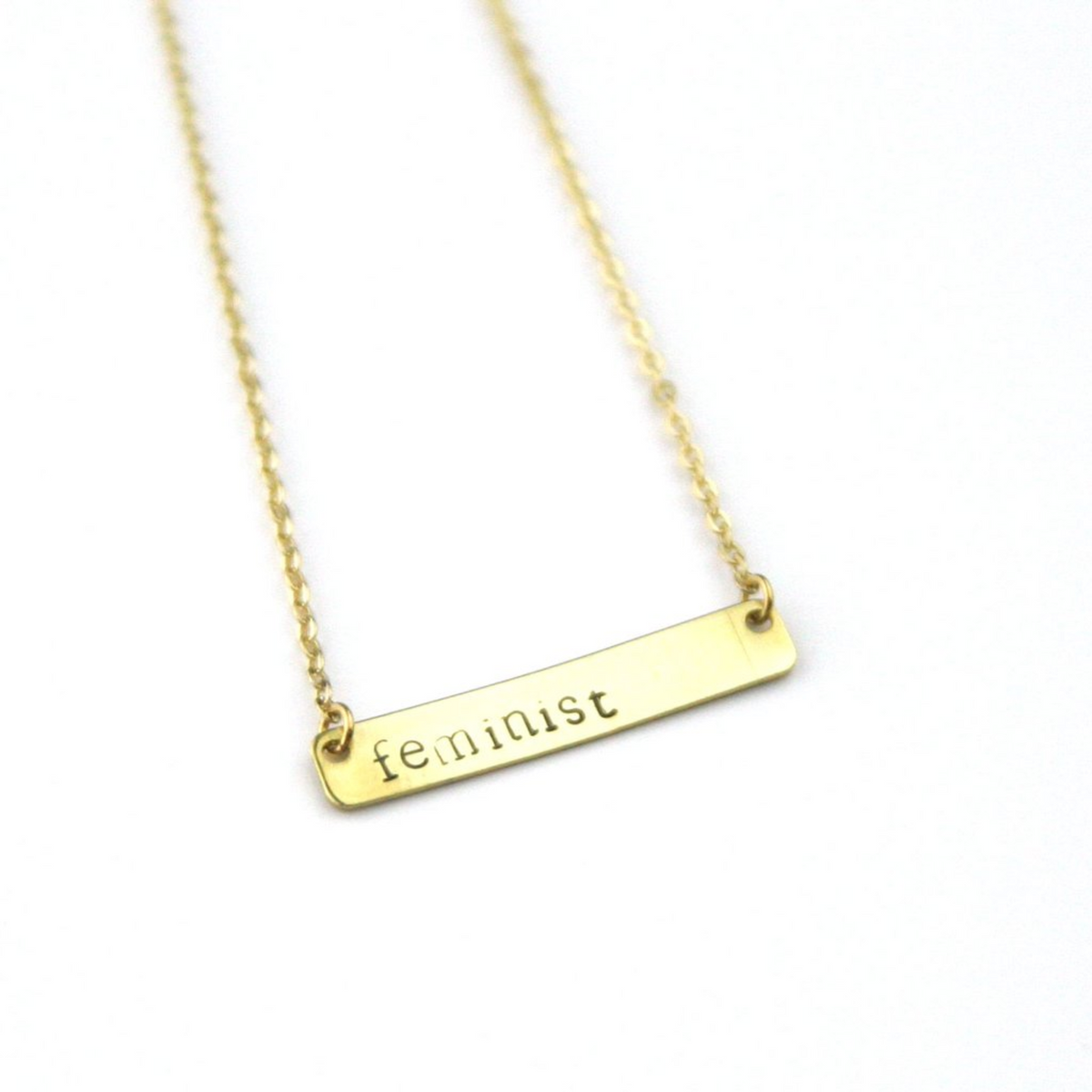 Feminist Hand-Stamped Raw Brass Bar Necklace