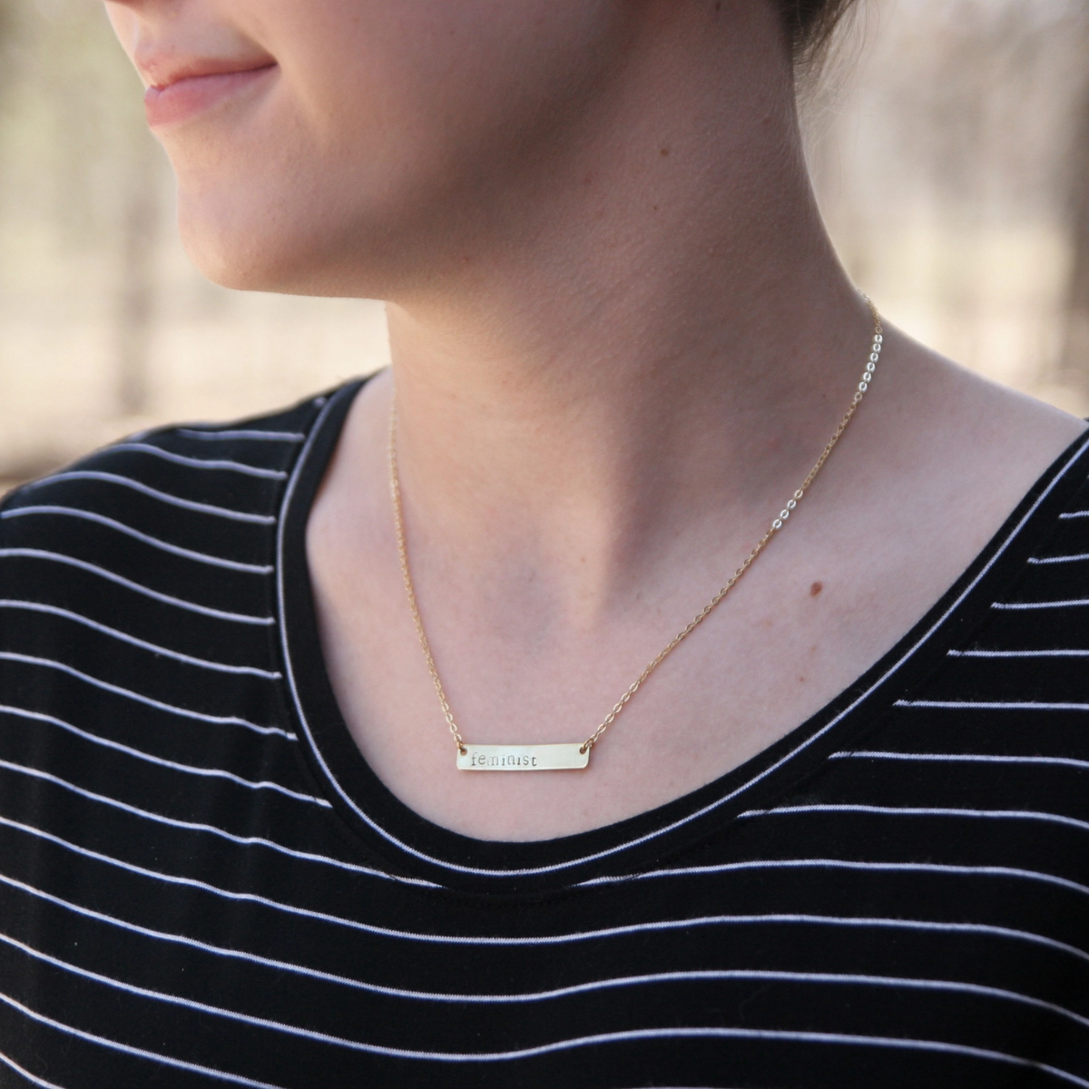 Feminist Hand-Stamped Raw Brass Bar Necklace