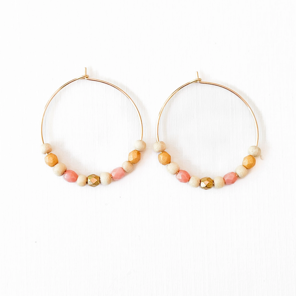 Gold Filled Hoops with Tiny Wood and Pink Glass Beads