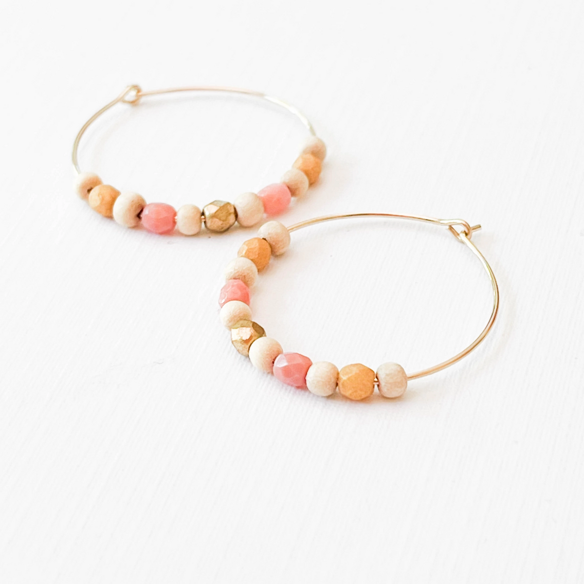 Gold Filled Hoops with Tiny Wood and Pink Glass Beads